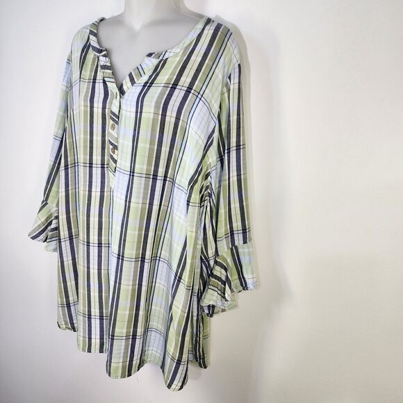 Catherine's Tunic Top Sz 2X Striped Plaid Green Ruffle 3/4 Sleeve Popover Rayon - Picture 4 of 9